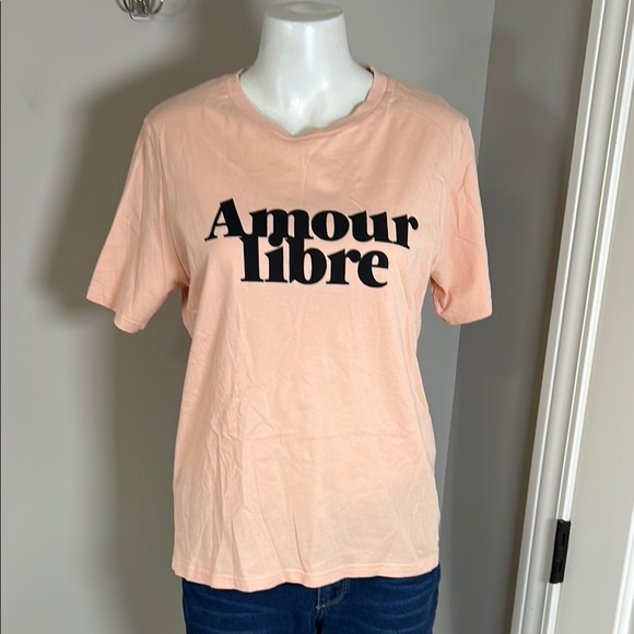 Sezane Amour Libre T Shirt Free Love Cotton Peach Short Sleeve Sz M NEW - Picture 3 of 10